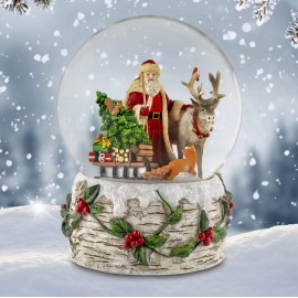 Music Box 120mm Music Santa and Reindeer Snow Globe